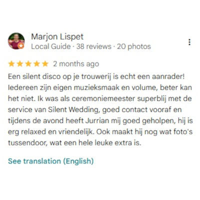 Silent Wedding - 5 sterren review op Google - Marjon